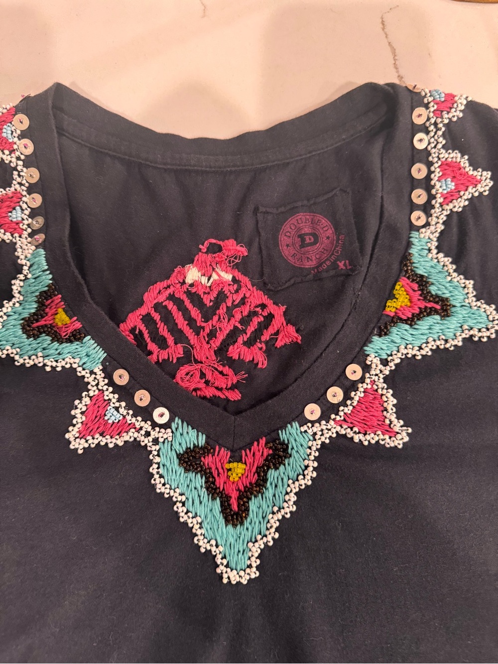 Double D Ranch Black Top with Turquoise and Pink Embroidery